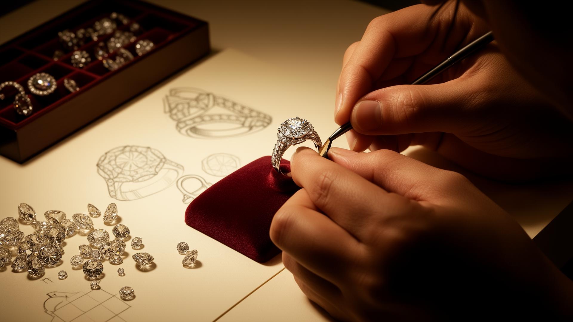 A Giuliana master jeweler refining a diamond ring beside hand-drawn sketches and loose natural diamonds.