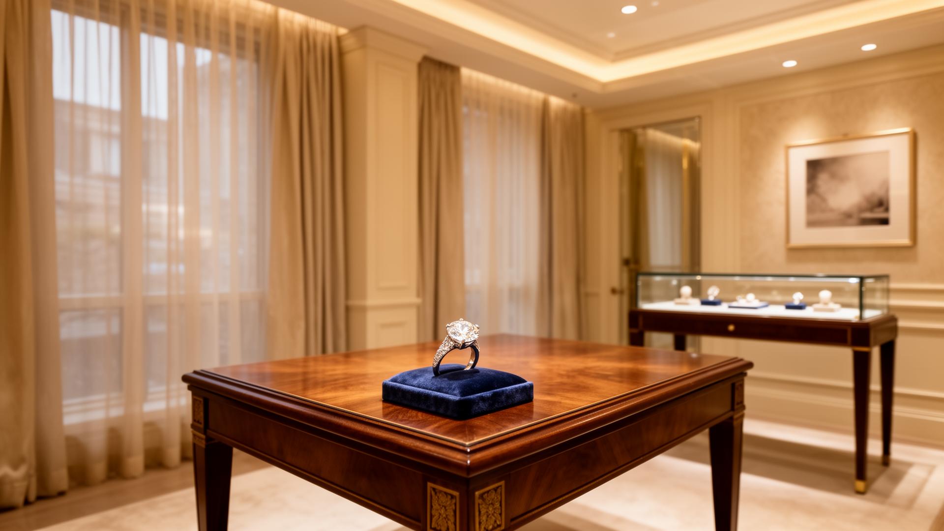 A private luxury consultation salon with natural diamonds and warm architectural lighting