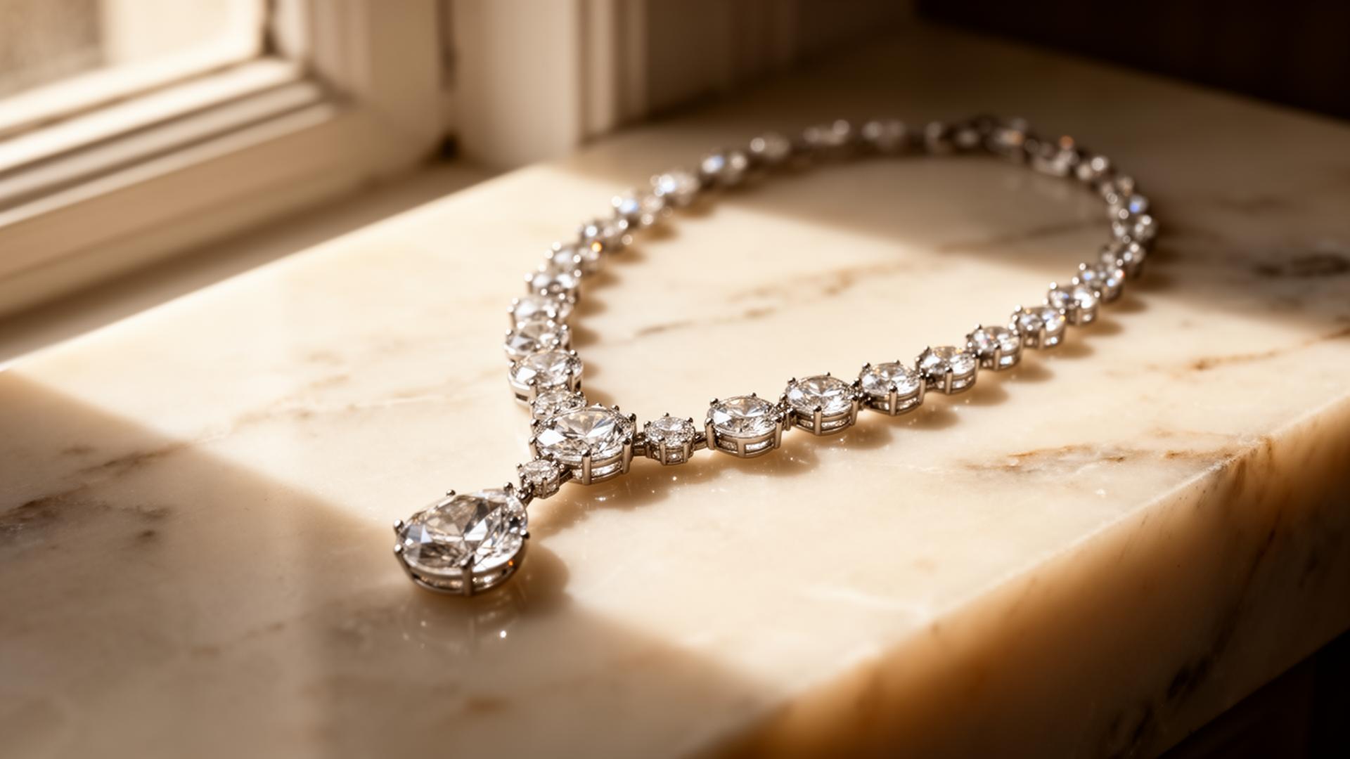 A diamond necklace resting on ivory marble