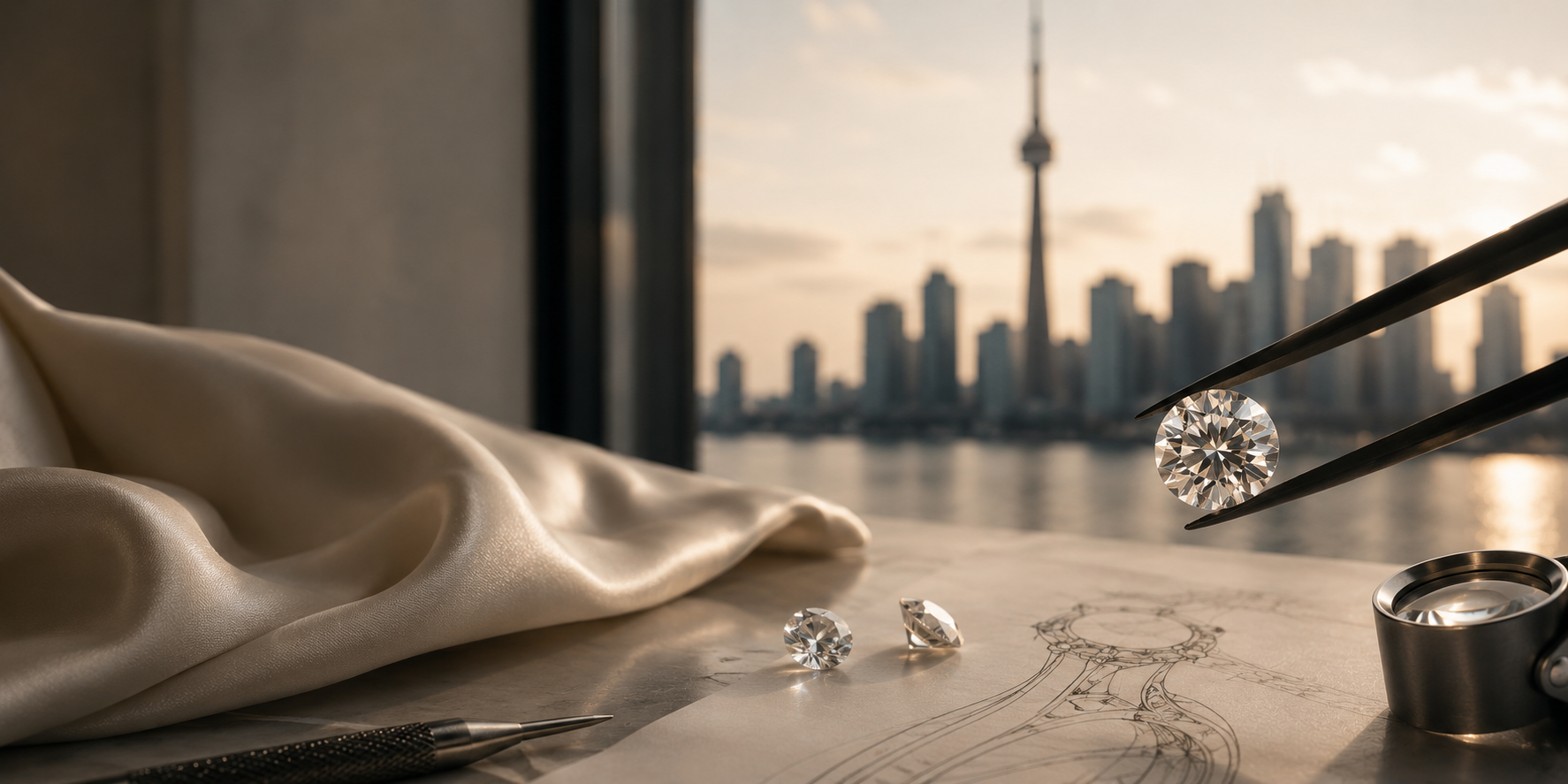 A natural diamond resting on warm ivory silk