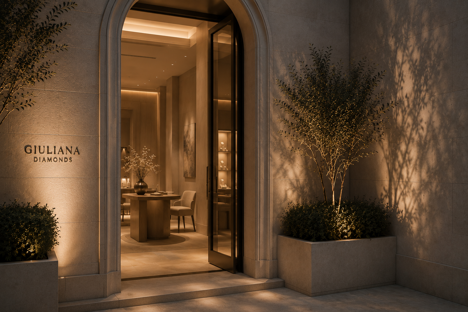 The illuminated entrance of a private Giuliana salon, framed in limestone at dusk